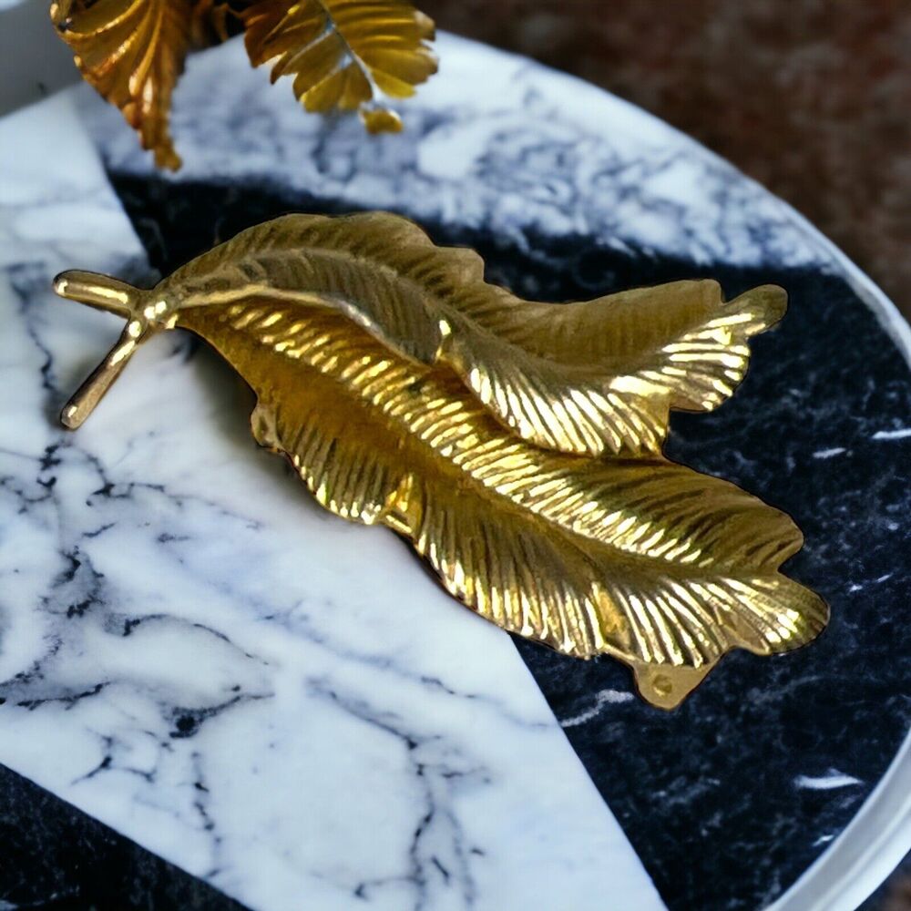 Vintage Gold Tone Double Leaf Leaves Brooch Pin Detailed Mid Century Pinup 2"